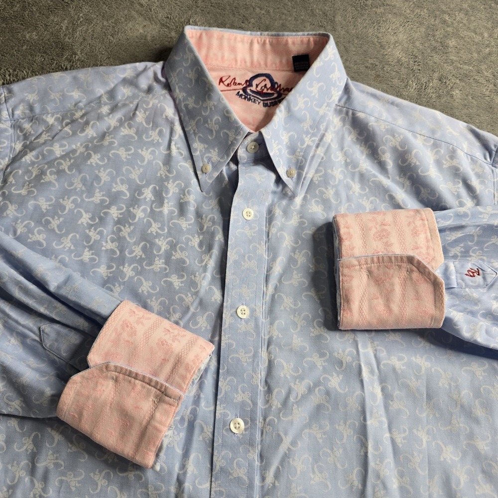 Robert Graham Shirt Mens XL Spa Blue Cotton Monkey Business Flip Cuff Printed